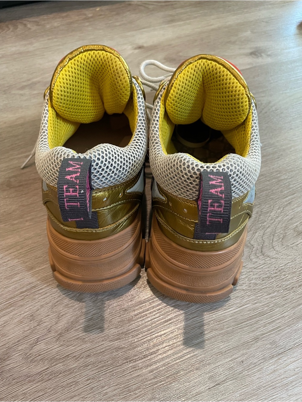 Gucci Metallic Gold, White & Tan Mesh Athletic Sneakers - Picture 4 of 13